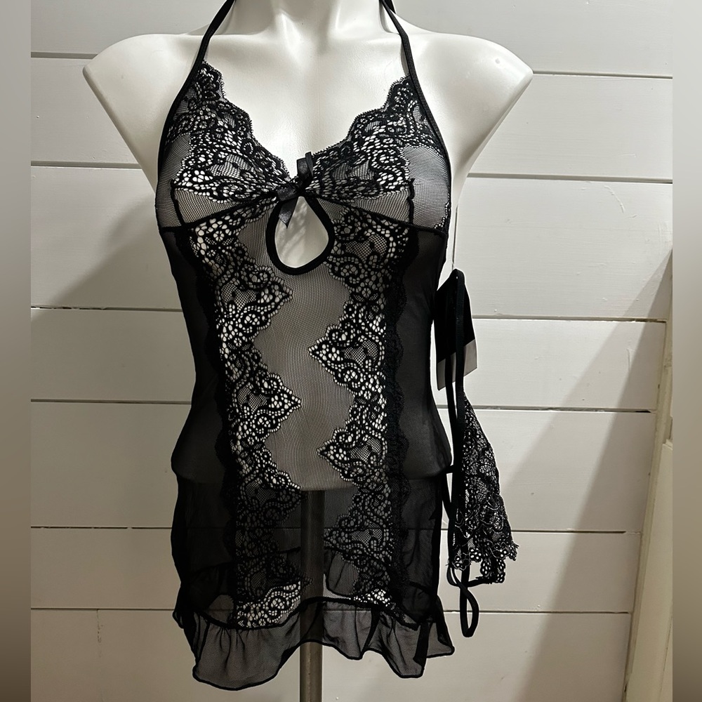 Chemise G String Set Black Sheer Lace Halter NEW Size Small/Med By Exposed